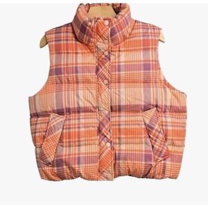 The Tiny Big Sister Puffer Vest Women's EU 40 US 8 Orange Plaid Cropped Pockets